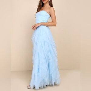 NWT Lulus Delightful Beauty Blue Mesh Strapless Ruched Ruffled Maxi Dress Size L